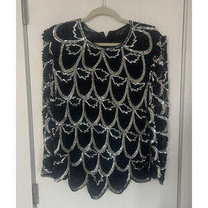 Vtg Kelly’s Grace Women's L Black w Silver Sequin Beaded Silk Glam Party Top